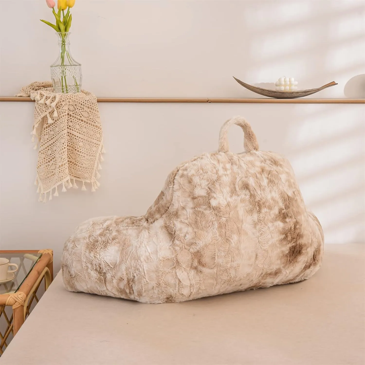 A Nice Night Faux Fur Soft Reading Pillow Bed Wedge Adult Backrest with Arms Back Support for Sitting Up in Bed/Couch for Bedrest, Tie Dyed Khaki