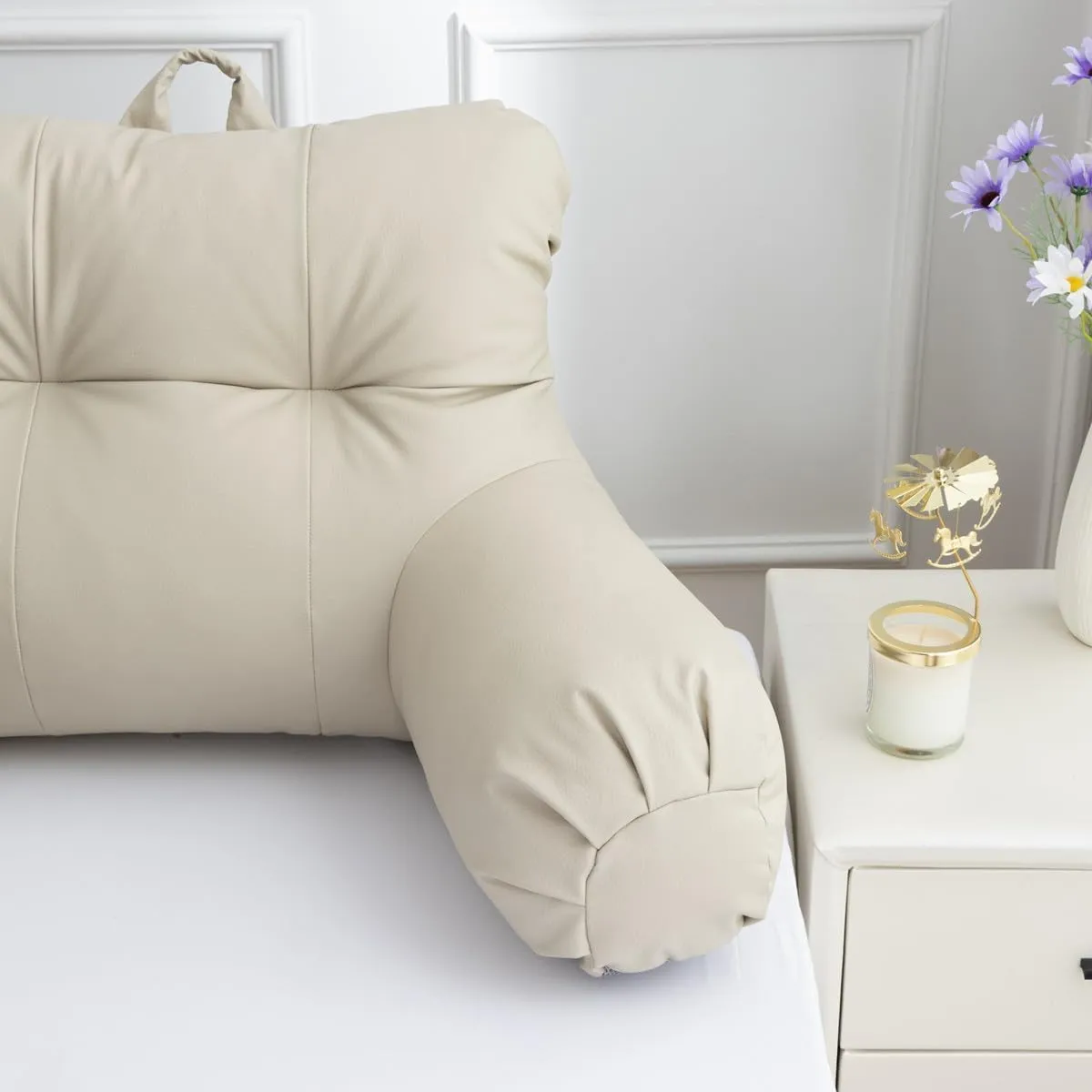 A Nice Night Faux Leather Reading Pillow for All Season,Wedge Bedrest Pillow Backrest with Arms Back Support for Sitting Up in Bed/Couch,Natural