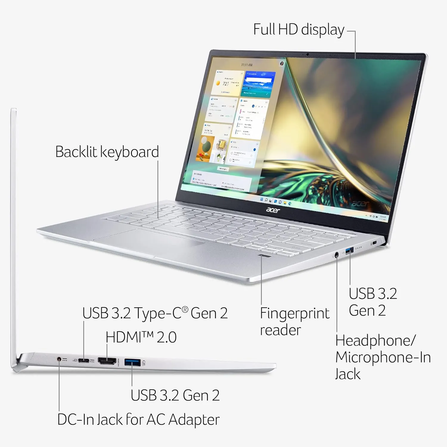 Acer Swift 3 SF314-43-R6NE Laptop | 14" FHD IPS | AMD Ryzen 7 5700U | Radeon Graphics | 16GB LPDDR4X | 512GB SSD | Wi-Fi 6 | Fingerprint Reader | Backlit Keyboard | Windows 11, Silver