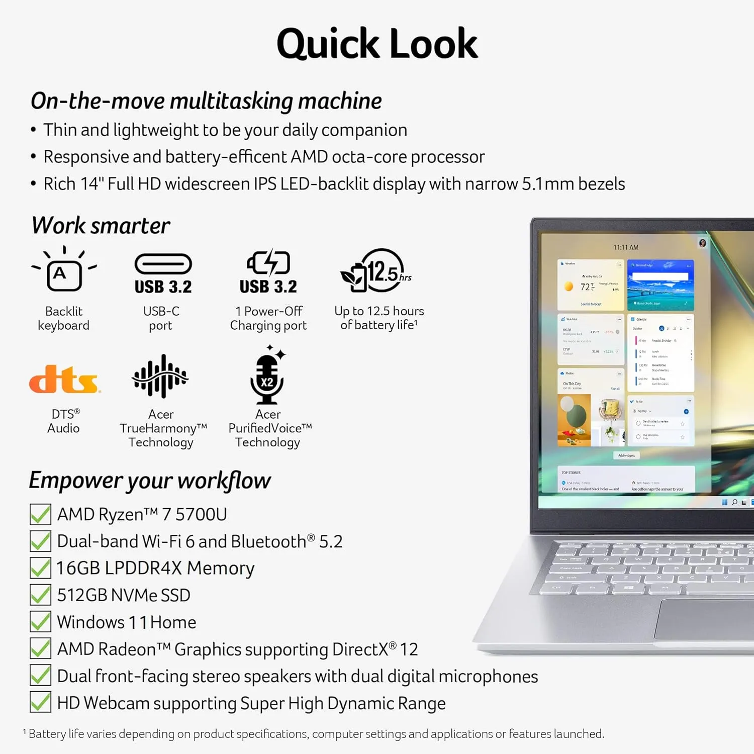 Acer Swift 3 SF314-43-R6NE Laptop | 14" FHD IPS | AMD Ryzen 7 5700U | Radeon Graphics | 16GB LPDDR4X | 512GB SSD | Wi-Fi 6 | Fingerprint Reader | Backlit Keyboard | Windows 11, Silver
