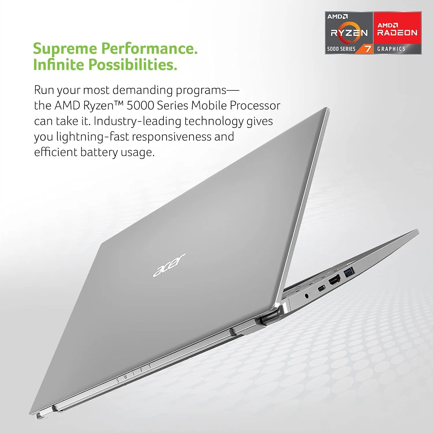 Acer Swift 3 SF314-43-R6NE Laptop | 14" FHD IPS | AMD Ryzen 7 5700U | Radeon Graphics | 16GB LPDDR4X | 512GB SSD | Wi-Fi 6 | Fingerprint Reader | Backlit Keyboard | Windows 11, Silver