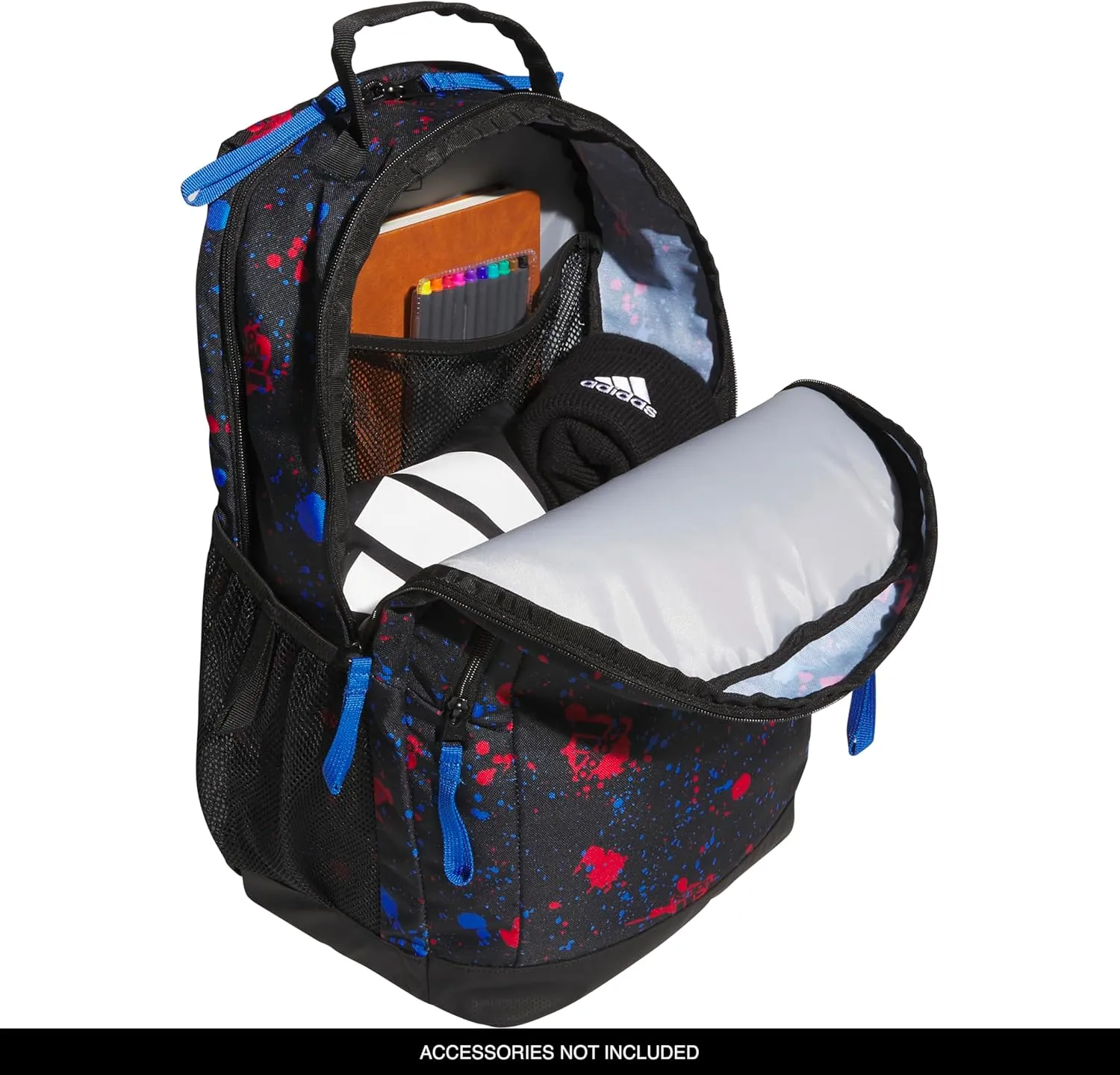 adidas Adaptive Backpack Large Features for Independent Dressing and Ease of use, Splatter Black/Bright Royal Blue/White, One Size