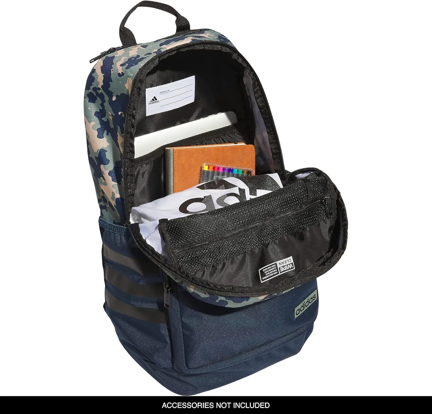 adidas Classic 3-Stripe Durable Backpack Student Athletic Sport Laptop Book Bag, Essential Camo Crew Navy-Silver Green/Crew Navy/Black/4.0, One Size