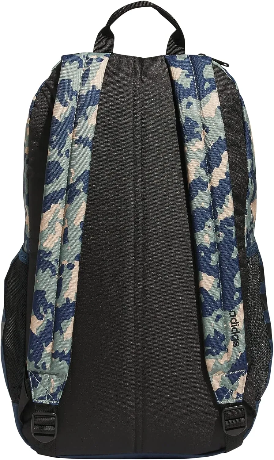 adidas Classic 3-Stripe Durable Backpack Student Athletic Sport Laptop Book Bag, Essential Camo Crew Navy-Silver Green/Crew Navy/Black/4.0, One Size