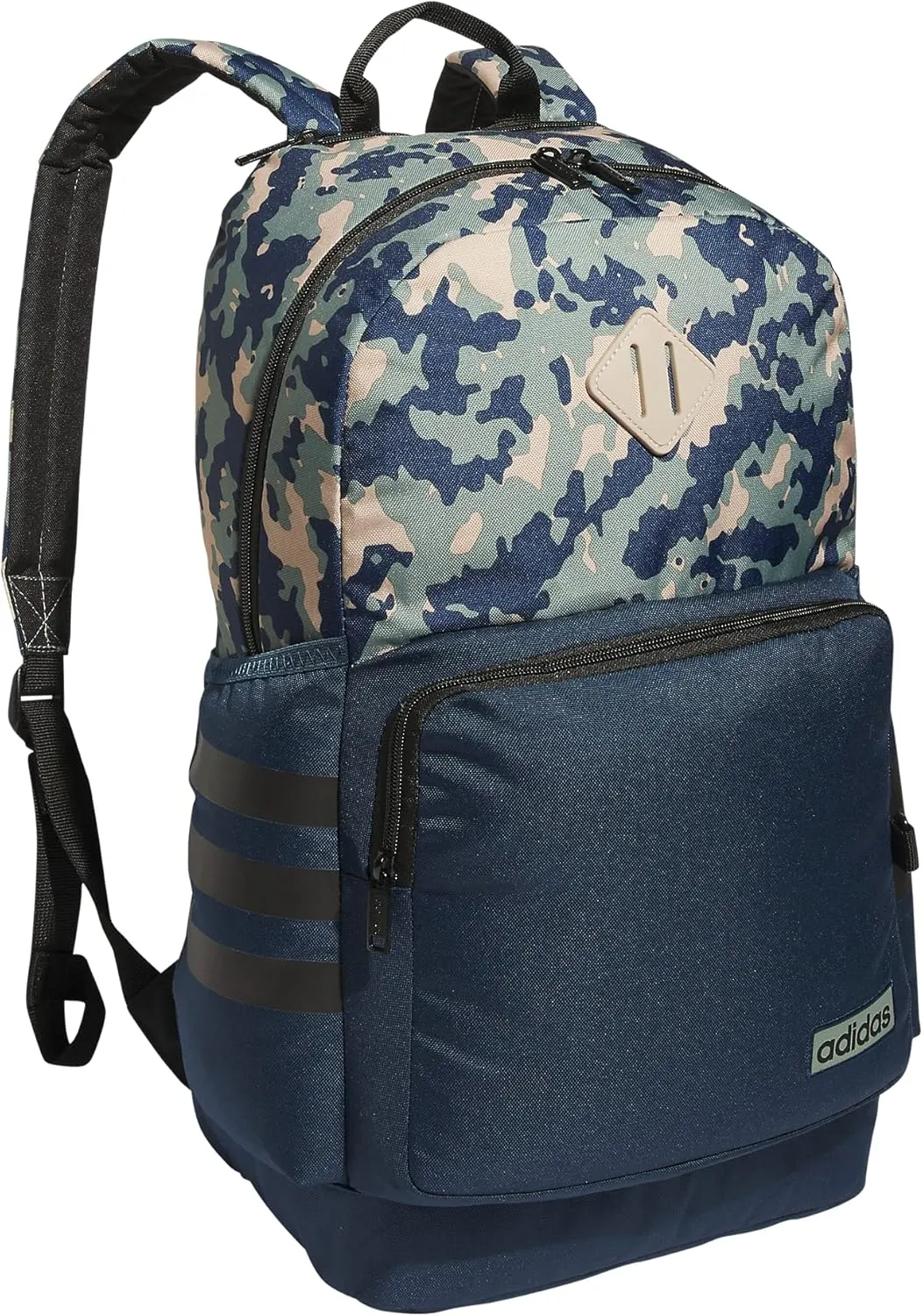 adidas Classic 3-Stripe Durable Backpack Student Athletic Sport Laptop Book Bag, Essential Camo Crew Navy-Silver Green/Crew Navy/Black/4.0, One Size