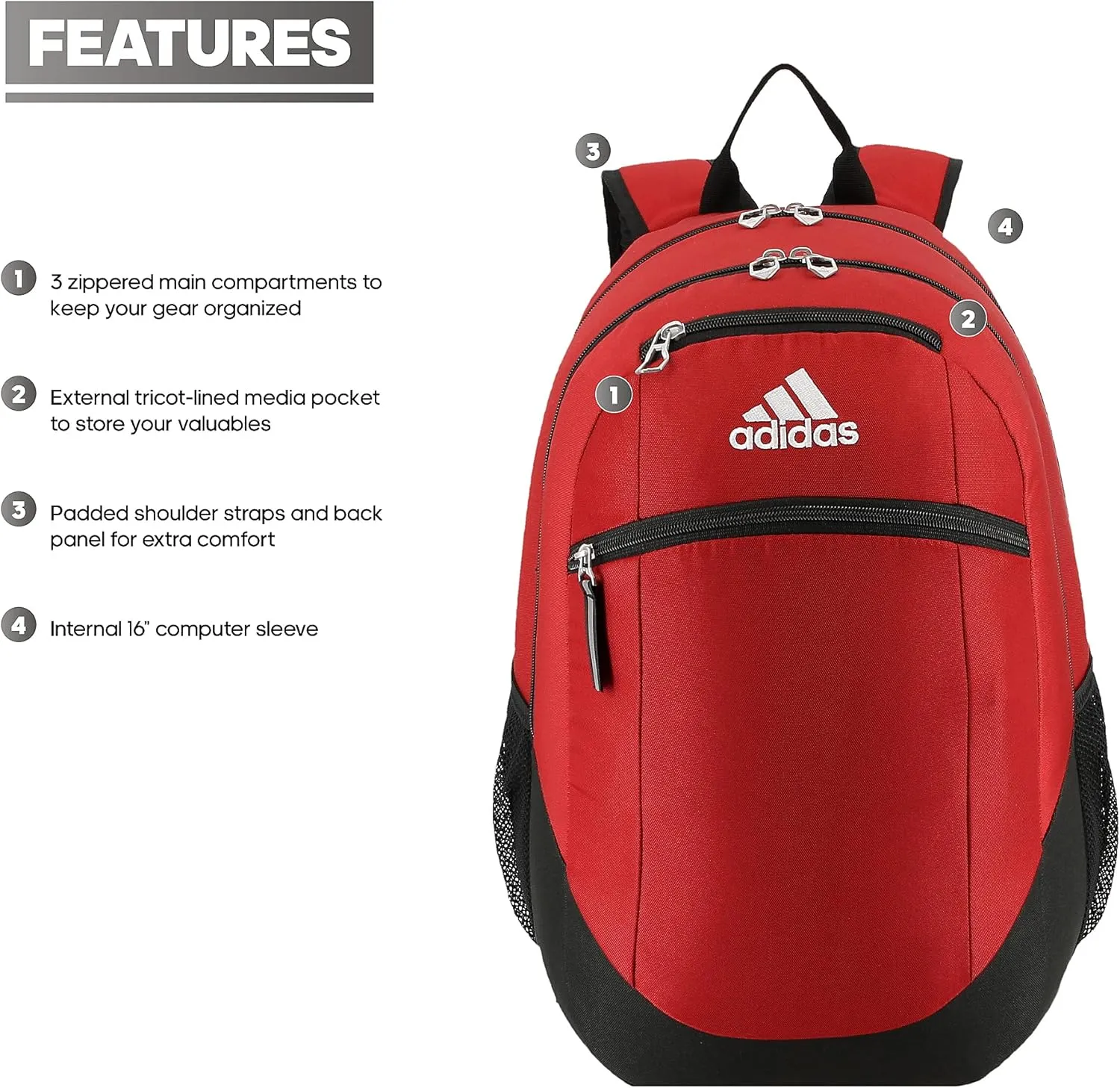 adidas Striker Sports Backpack Durable Athletic Gym Laptop Bag, Team Power Red/Black/White, One Size