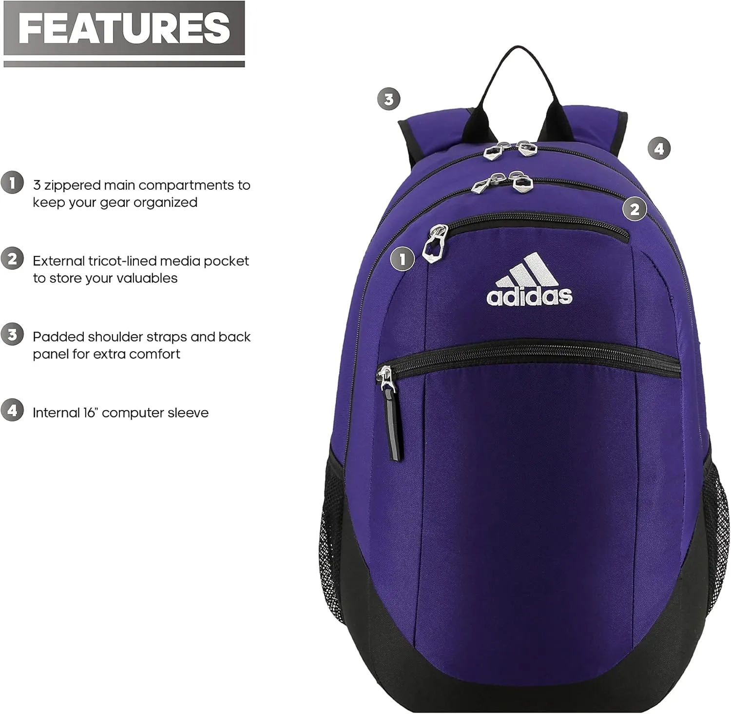 adidas Striker Sports Backpack for Soccer and More, Workout Bag for Men and Women, Team Collegiate Purple/Black/White, One Size