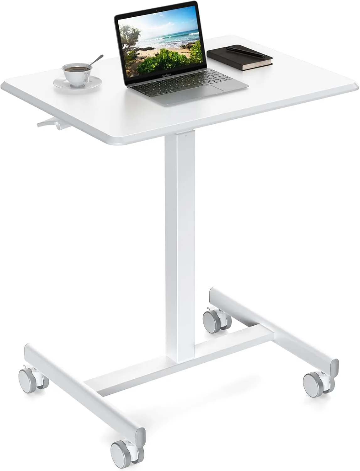 Adjustable Height Rolling Standing Desk for Home Office, Mobile Laptop Cart with Lockable Wheels, Space-Saving Design, White