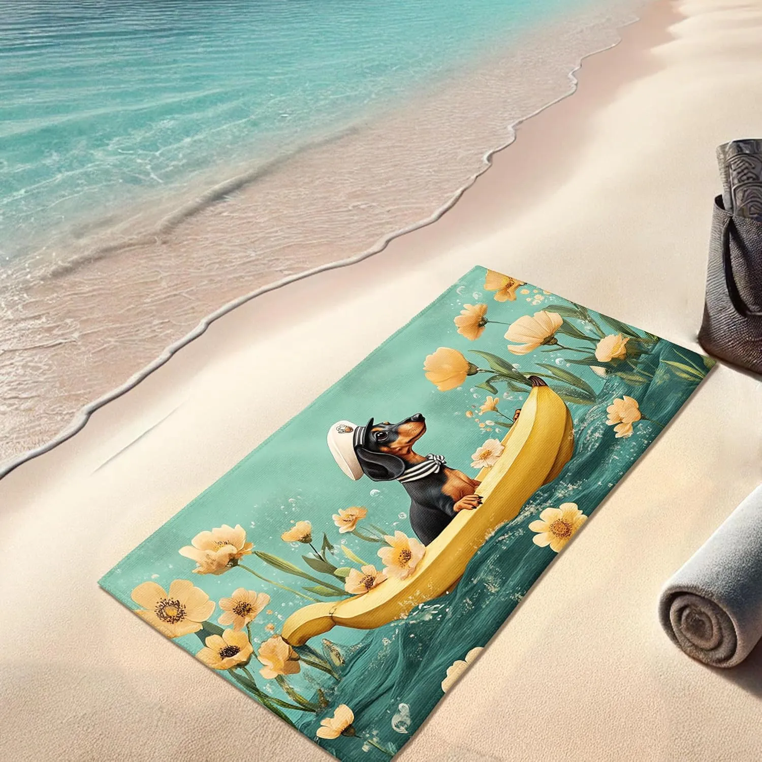 Adorable Dachshund Beach Towel Yellow Boat Print Cartoon Summertime Decorative Quick Dry Microfiber Sand Free Oversized Lightweight Towel, Travel Pool Picnic Essentials 62x31 Inch