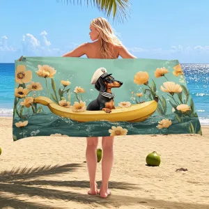 Adorable Dachshund Beach Towel Yellow Boat Print Cartoon Summertime Decorative Quick Dry Microfiber Sand Free Oversized Lightweight Towel, Travel Pool Picnic Essentials 62x31 Inch