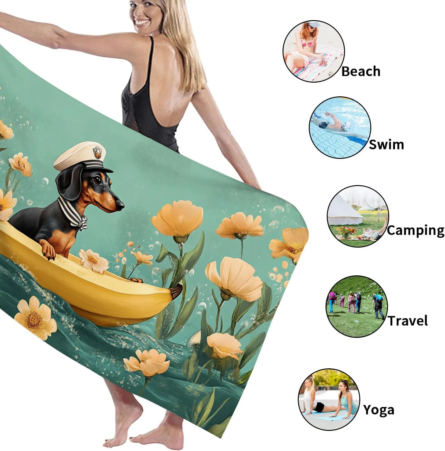 Adorable Dachshund Beach Towel Yellow Boat Print Cartoon Summertime Decorative Quick Dry Microfiber Sand Free Oversized Lightweight Towel, Travel Pool Picnic Essentials 62x31 Inch