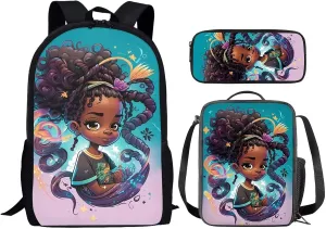 African Girls Backpack with Lunch Box Set Art Afro Black Girls Bookbag for Kids 8-12/10-12 Elementary School Bag Cute American Student Book Bag Lunch Bag Pencil Case
