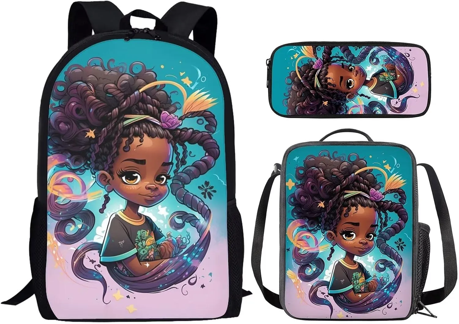 African Girls Backpack with Lunch Box Set Art Afro Black Girls Bookbag for Kids 8-12/10-12 Elementary School Bag Cute American Student Book Bag Lunch Bag Pencil Case