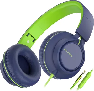AILIHEN C8 Headphones Wired, On-Ear Headphones with Microphone and Volume Control, Corded 3.5mm Headset for Boys Girl School Smartphones Chromebook Laptop Computer Tablets Airplane Travel (Blue Green)