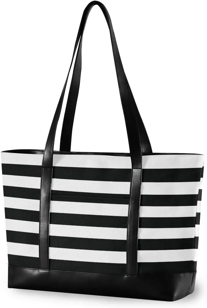 ALAZA Black White Stripes Laptop Tote Bag,Fits 15.6 Inch Laptop,Womens Lightweight Canvas Leather Tote Bag Shoulder Bag