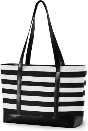 ALAZA Black White Stripes Laptop Tote Bag,Fits 15.6 Inch Laptop,Womens Lightweight Canvas Leather Tote Bag Shoulder Bag