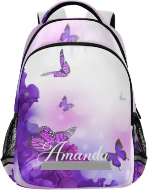 ALAZA Custom Butterfly Backpack for Girls Personalized Your Name Text Bookbag Purple Flowers Kids School Book Bags 3rd 4th 5th Grade Laptop Casual Daypack Travel Shoulder Bag