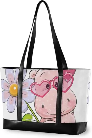 ALAZA Cute Hippo Laptop Tote Bag,Fits 15.6 Inch Laptop,Womens Lightweight Canvas Leather Tote Bag Shoulder Bag