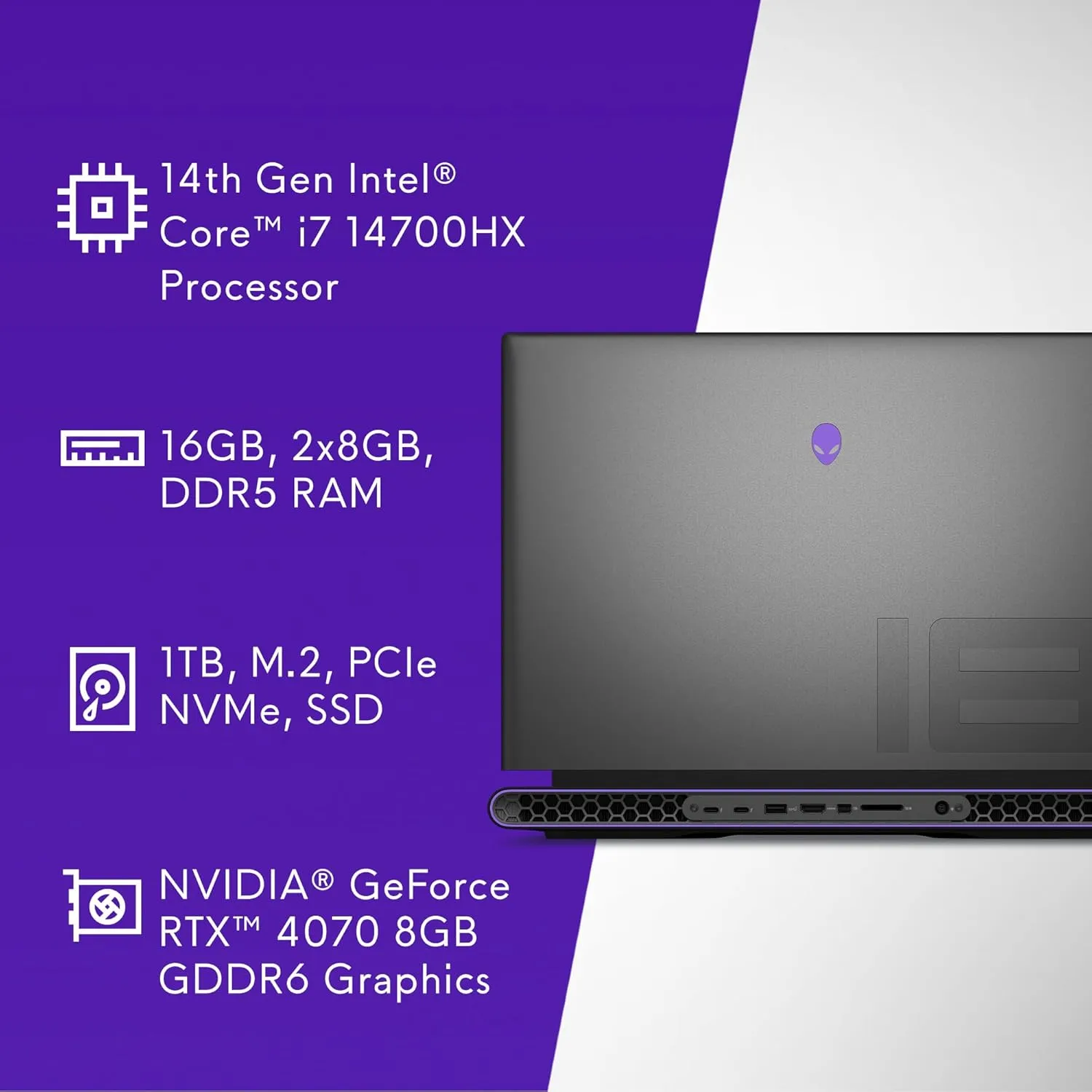 Alienware M18 Gaming Laptop - 18-inch QHD  165Hz 3ms Display, Intel Core i7-14700HX, 16GB DDR5 RAM, 1TB SSD, NVIDIA GeForce RTX 4070 8GB GDDR6, Windows 11 Home, Onsite Service - Dark Metallic Moon
