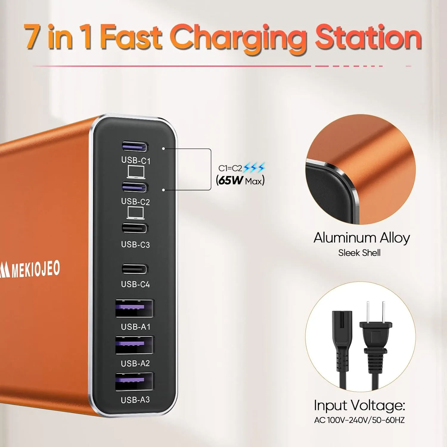 Aluminum Alloy USB C Charger GaN Charger Fast USB C Charging Station 7 Ports 65W Laptop for MacBook Pro/Air/iPad Pro/iPhone (Orange-4C3A)
