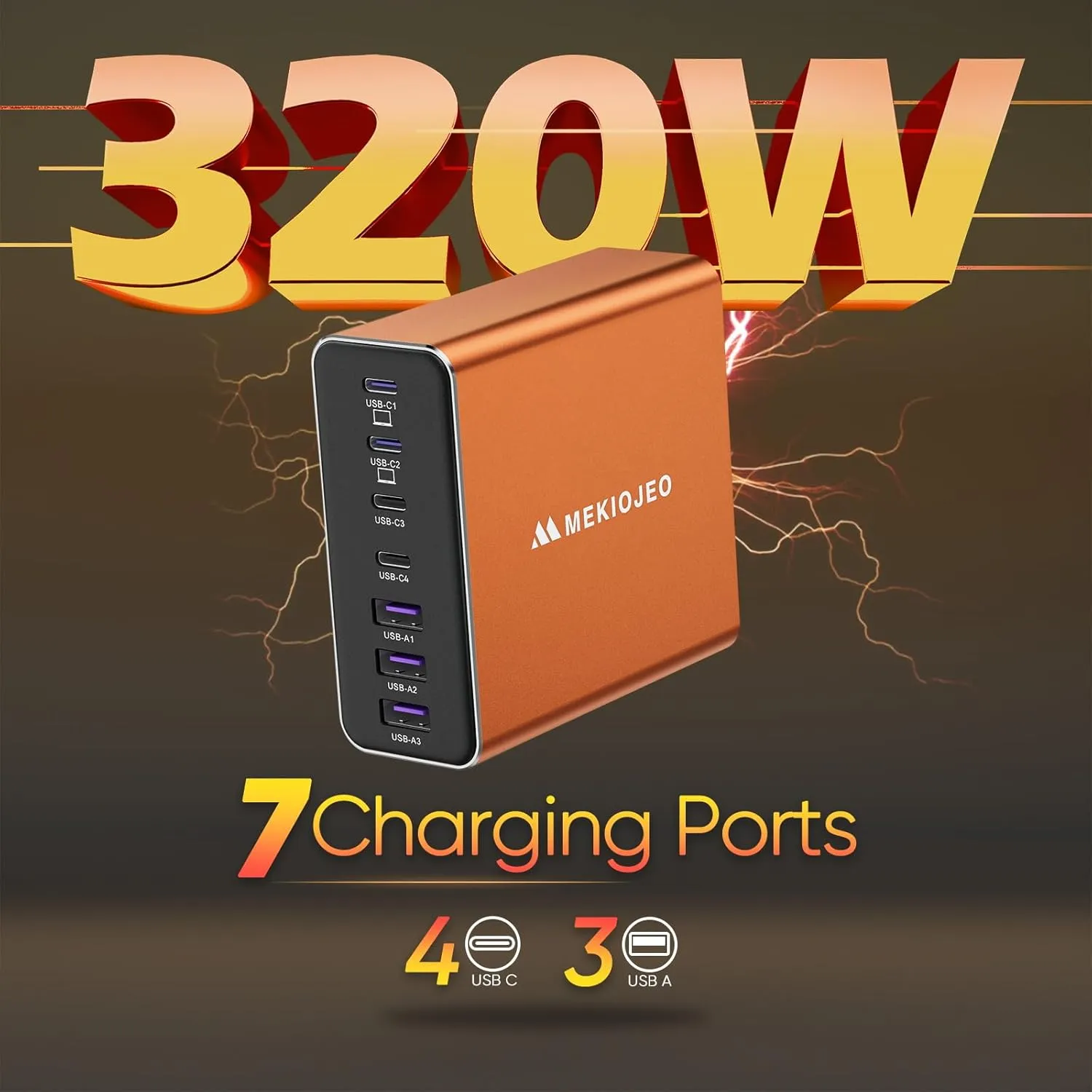 Aluminum Alloy USB C Charger GaN Charger Fast USB C Charging Station 7 Ports 65W Laptop for MacBook Pro/Air/iPad Pro/iPhone (Orange-4C3A)