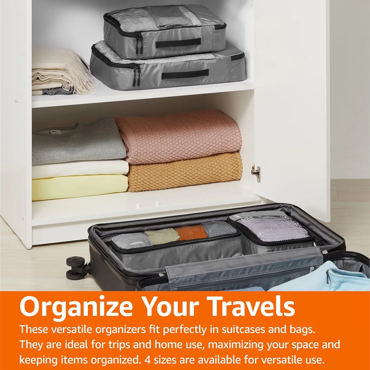 Amazon Basics Packing Cubes for Travel, Packing Organizers Set, 4-Piece-Set (Slim, Small, Medium, Large) With Double Zipper Pulls and Mesh Top Panel, 100% Durable Polyester, Gray