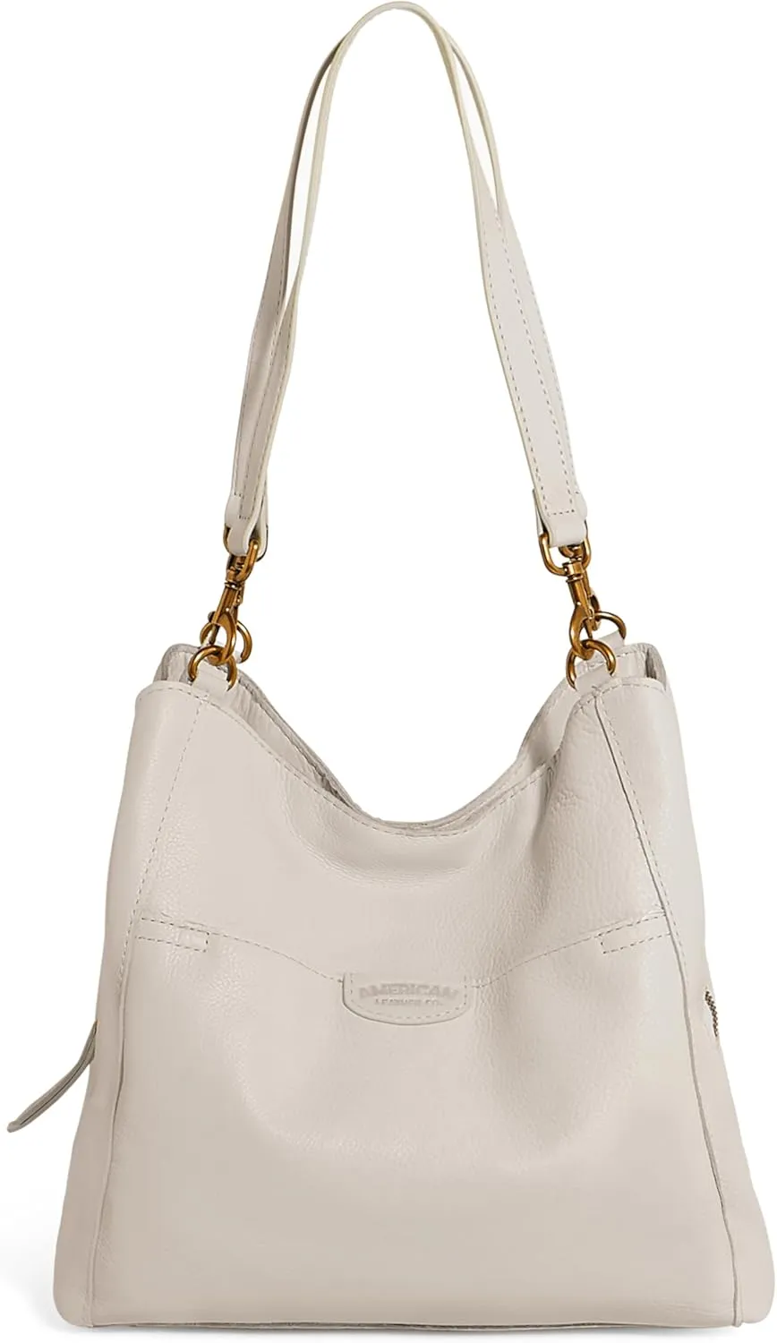 American Leather Co. Austin Triple-Entry Bucket Bag, Ecru, Hobo Shoulder Bag for Women with Center Zip, Slip Pockets & Removable Shoulder Strap, Functional & Fashionable Handbags for Women