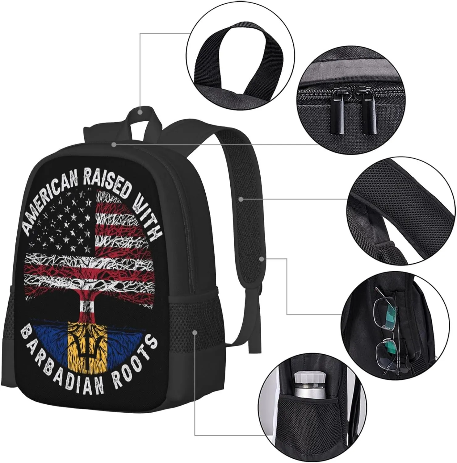 American Raised with Barbadian Roots Casual Backpacks Large Capacity Backpack Laptop Rucksack Sport Daypack Commuter Bags with Adjustable Strap for Traveling Camping