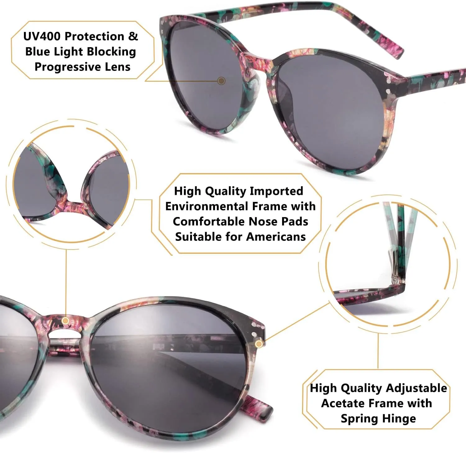 Amorays Cat Eyes Progressive Multifocus Reading Sunglasses for Women UV Protection Multifocal Top Clear Trifocal Sun Readers