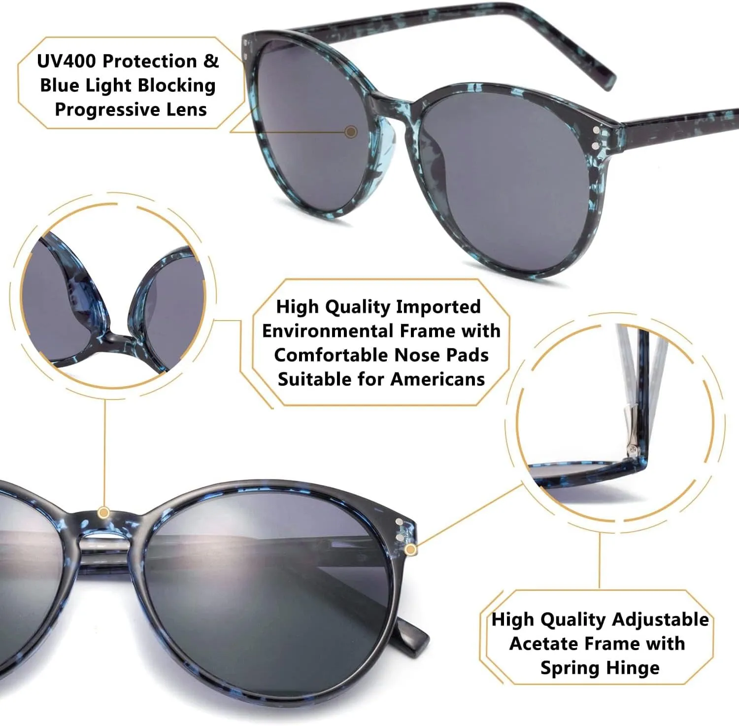 Amorays Cat Eyes Progressive Multifocus Reading Sunglasses for Women UV Protection Multifocal Top Clear Trifocal Sun Readers