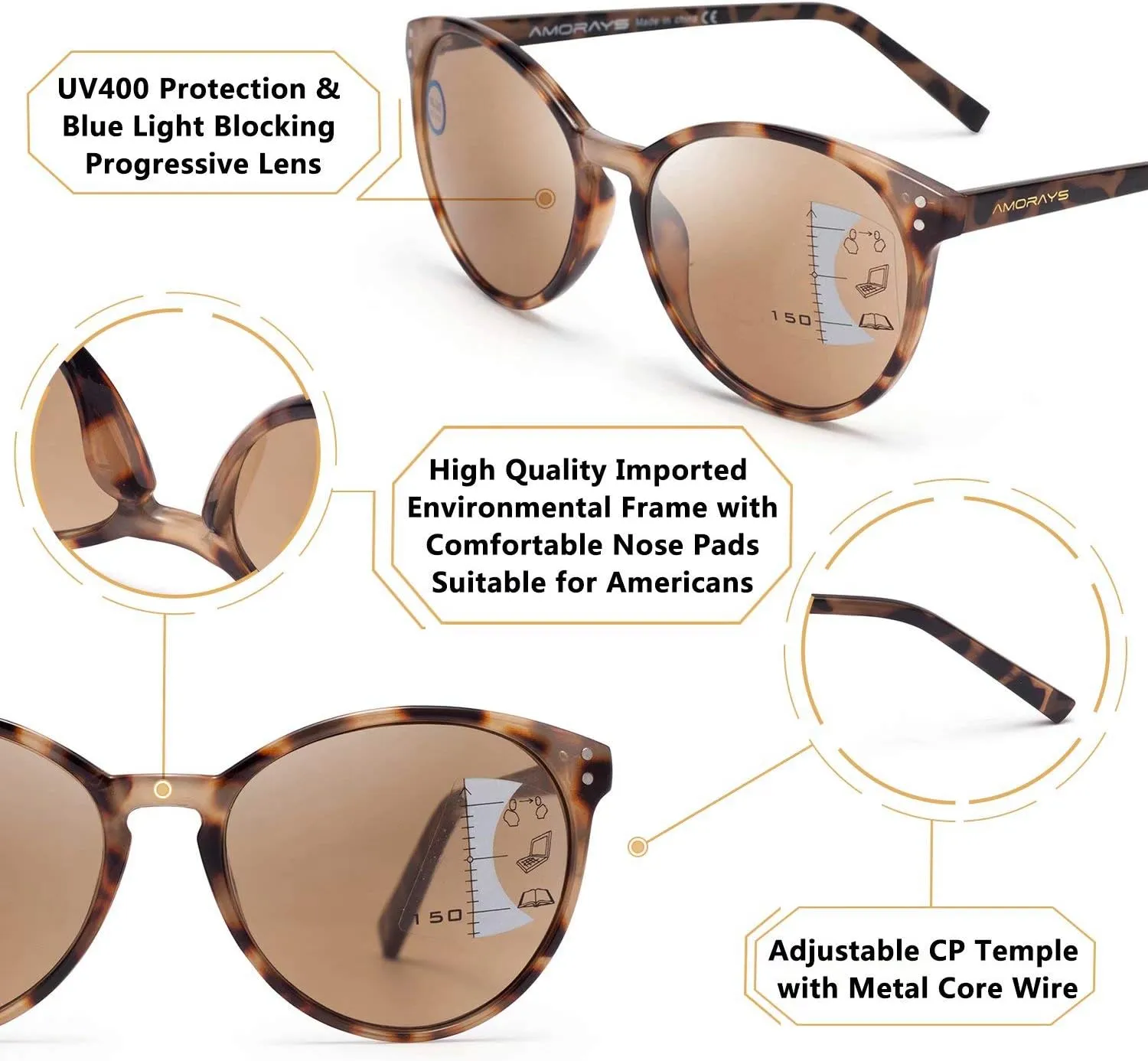 Amorays Cat Eyes Progressive Multifocus Reading Sunglasses for Women UV Protection Multifocal Top Clear Trifocal Sun Readers
