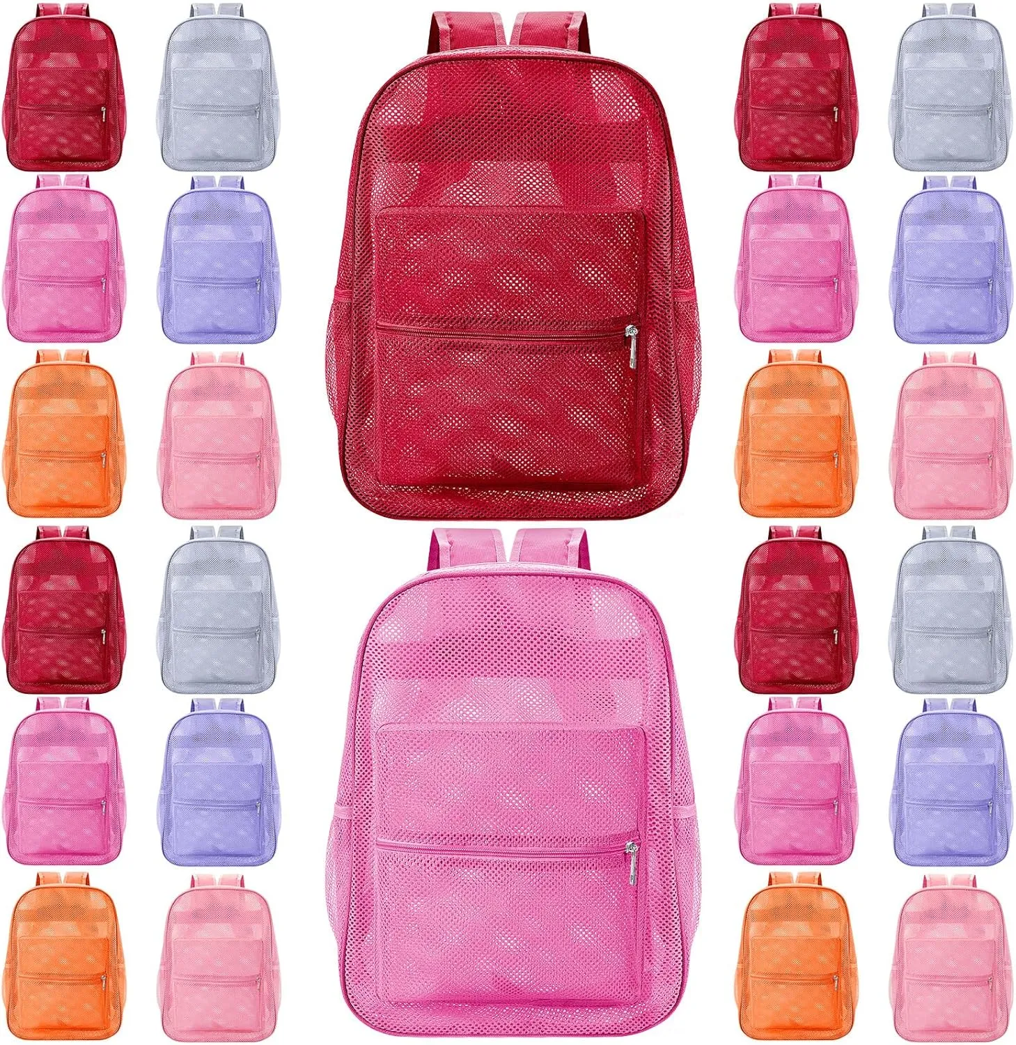 Amylove 30 Pcs Mesh Backpacks Bulk 17 Inch See Through Backpack in Bulk Heavy Duty Beach Bag for Sports Travel (Bright Color)