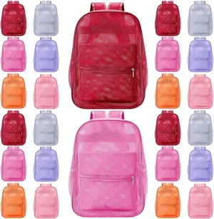 Amylove 30 Pcs Mesh Backpacks Bulk 17 Inch See Through Backpack in Bulk Heavy Duty Beach Bag for Sports Travel (Bright Color)