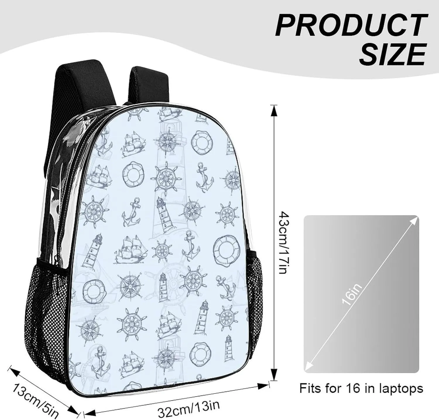 Anchor Navigation Blue Clear Backpacks PVC Transparent Laptop Backpack Multipurpose Double Shoulder Bag for Men Women Gifts
