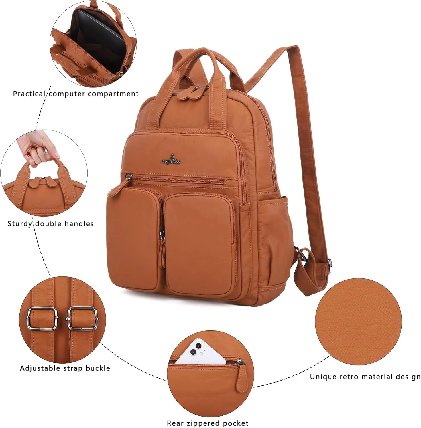 Angel Kiss Backpack Purse for Women Soft Washed Leather Multi Pocket Casual Travel Backpacks…