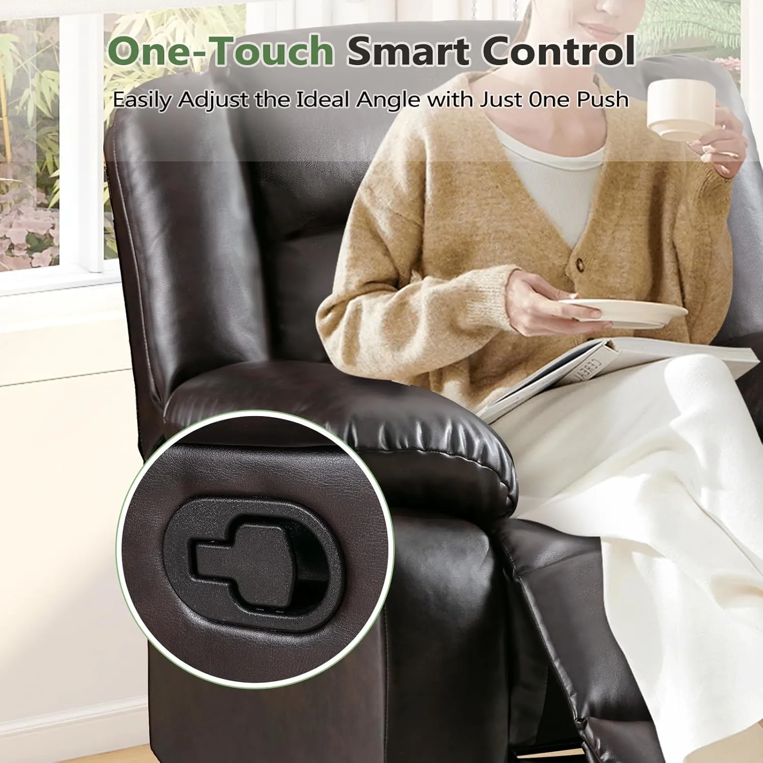 ANJ Manual Recliner Chair, Breathable Faux Leather Reclining Chairs with Overstuffed Arm and Back, Living Room Single Sofa Recliners (Dark Brown)