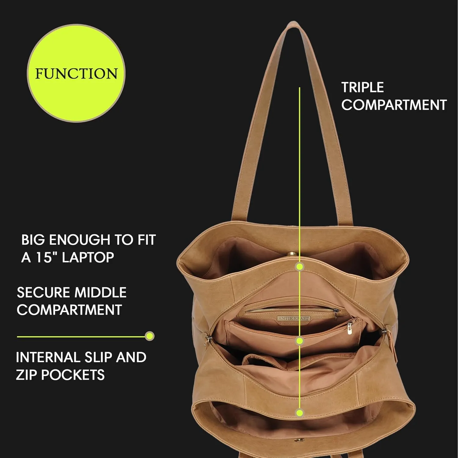 Antik Kraft Aria Tote | Vegan Leather Handbag Tote Purse for Women | 18" L x 7" W x 12.5" H |
