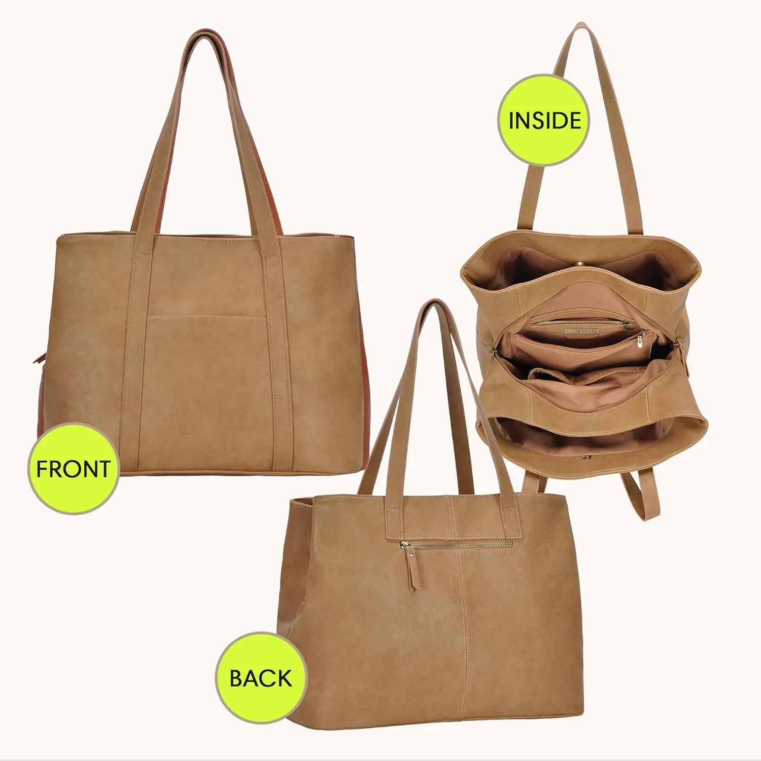 Antik Kraft Aria Tote | Vegan Leather Handbag Tote Purse for Women | 18" L x 7" W x 12.5" H |