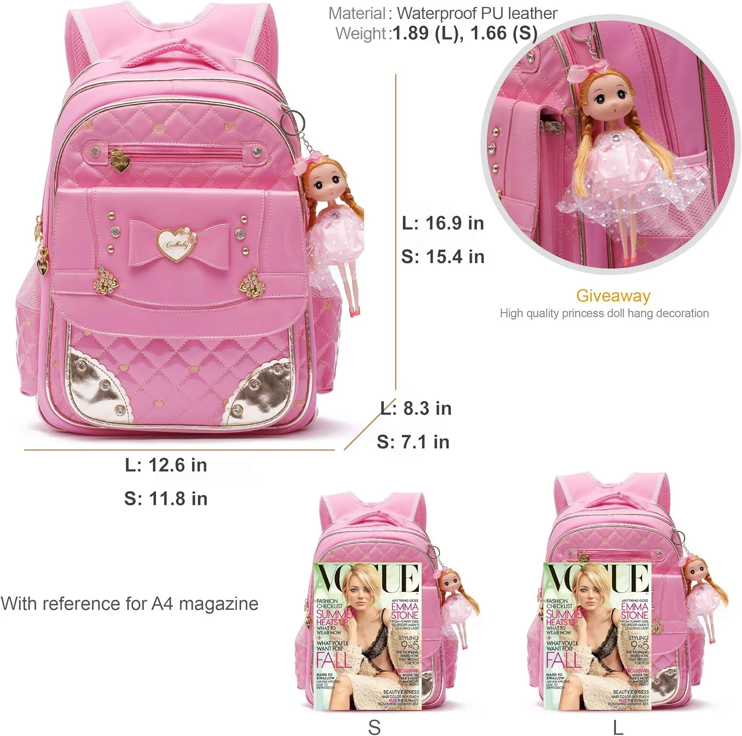 AO ALI VICTORY Backpack for Girls, Waterproof Kids Backpacks School Bag Toddler Bookbags Cute Travel Daypack (Small, A-Pink)
