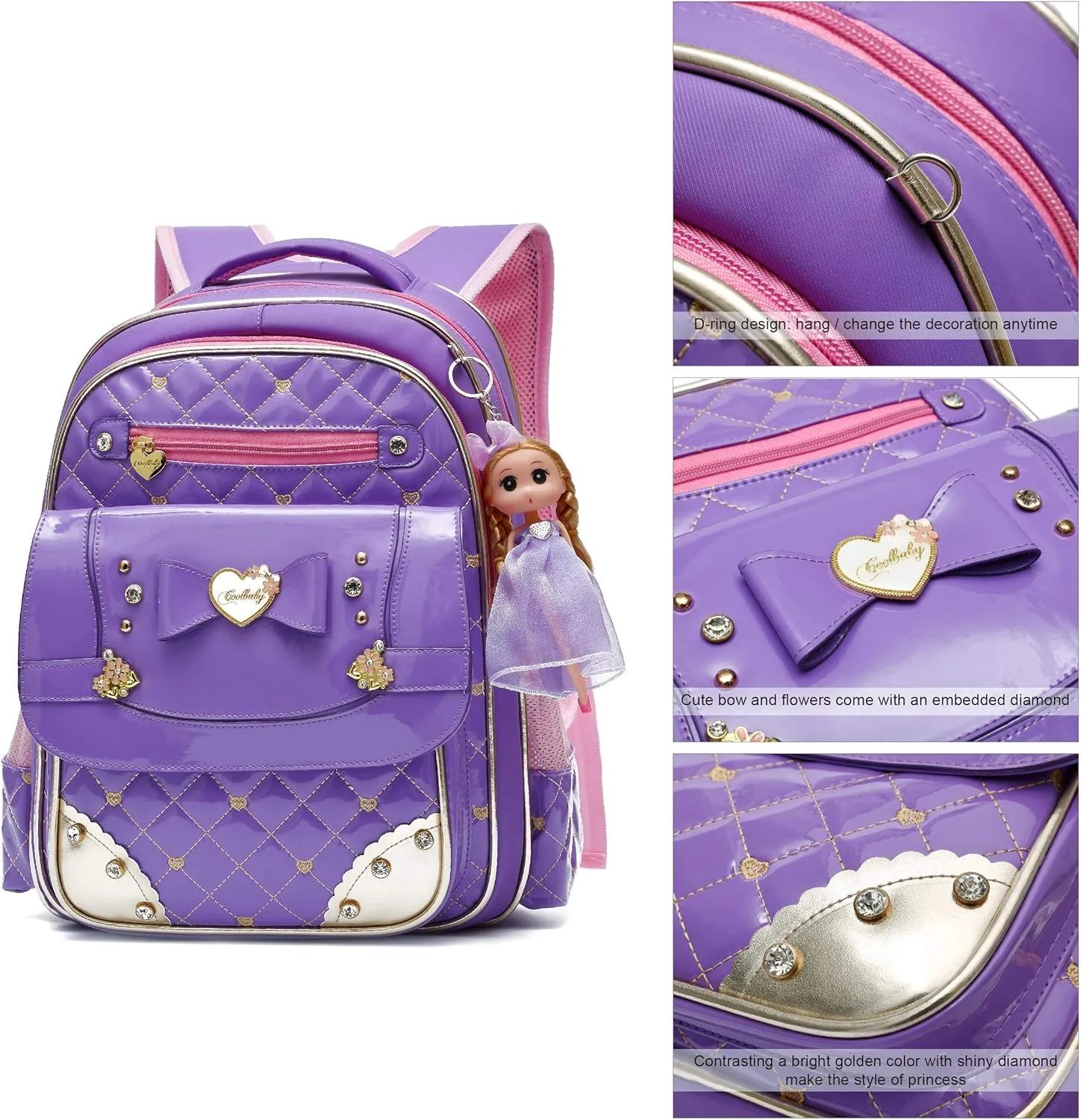 AO ALI VICTORY Backpack for Girls, Waterproof Kids Backpacks School Bag Toddler Bookbags Cute Travel Daypack (Small, A-Purple)