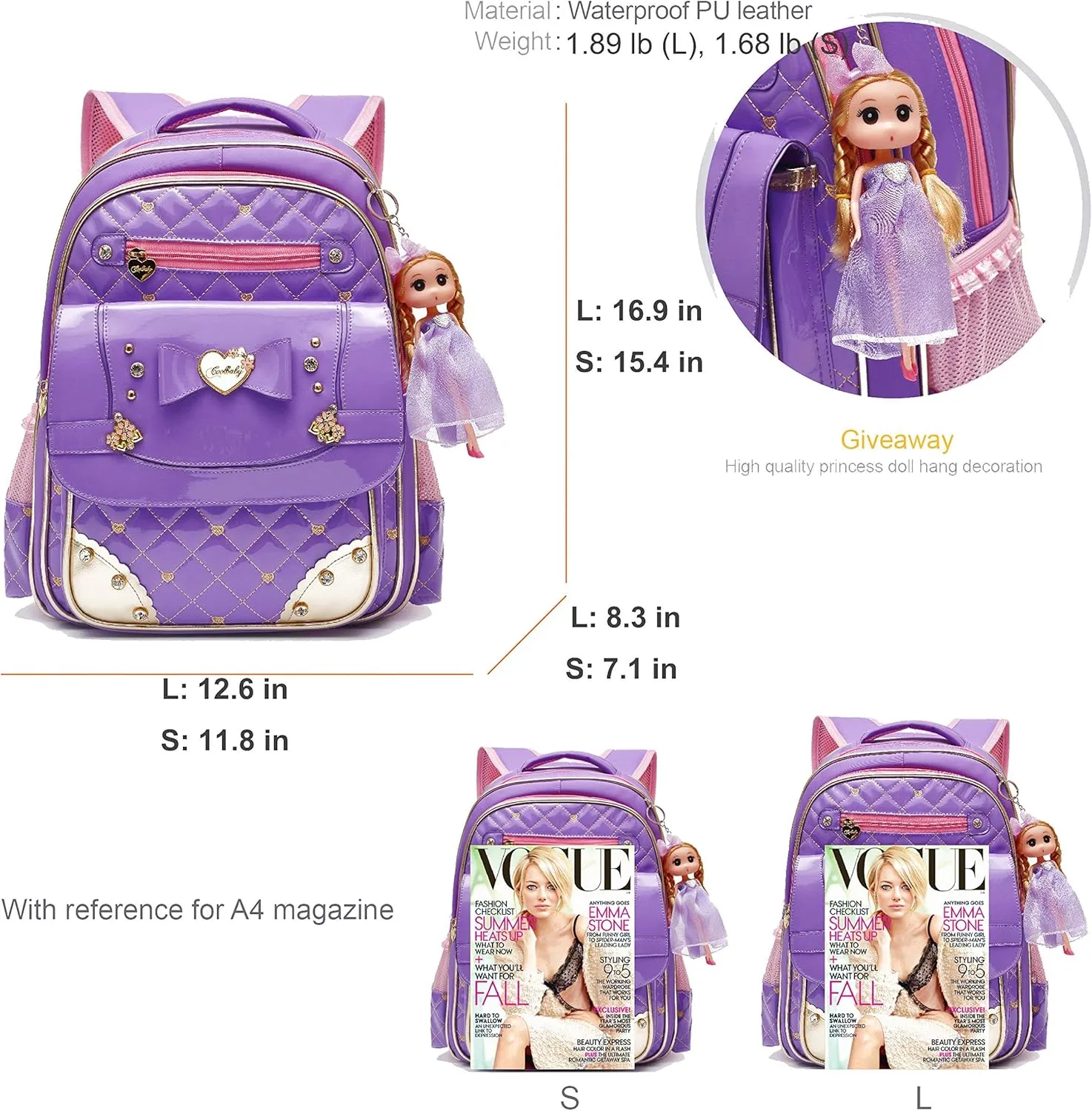AO ALI VICTORY Backpack for Girls, Waterproof Kids Backpacks School Bag Toddler Bookbags Cute Travel Daypack (Small, A-Purple)