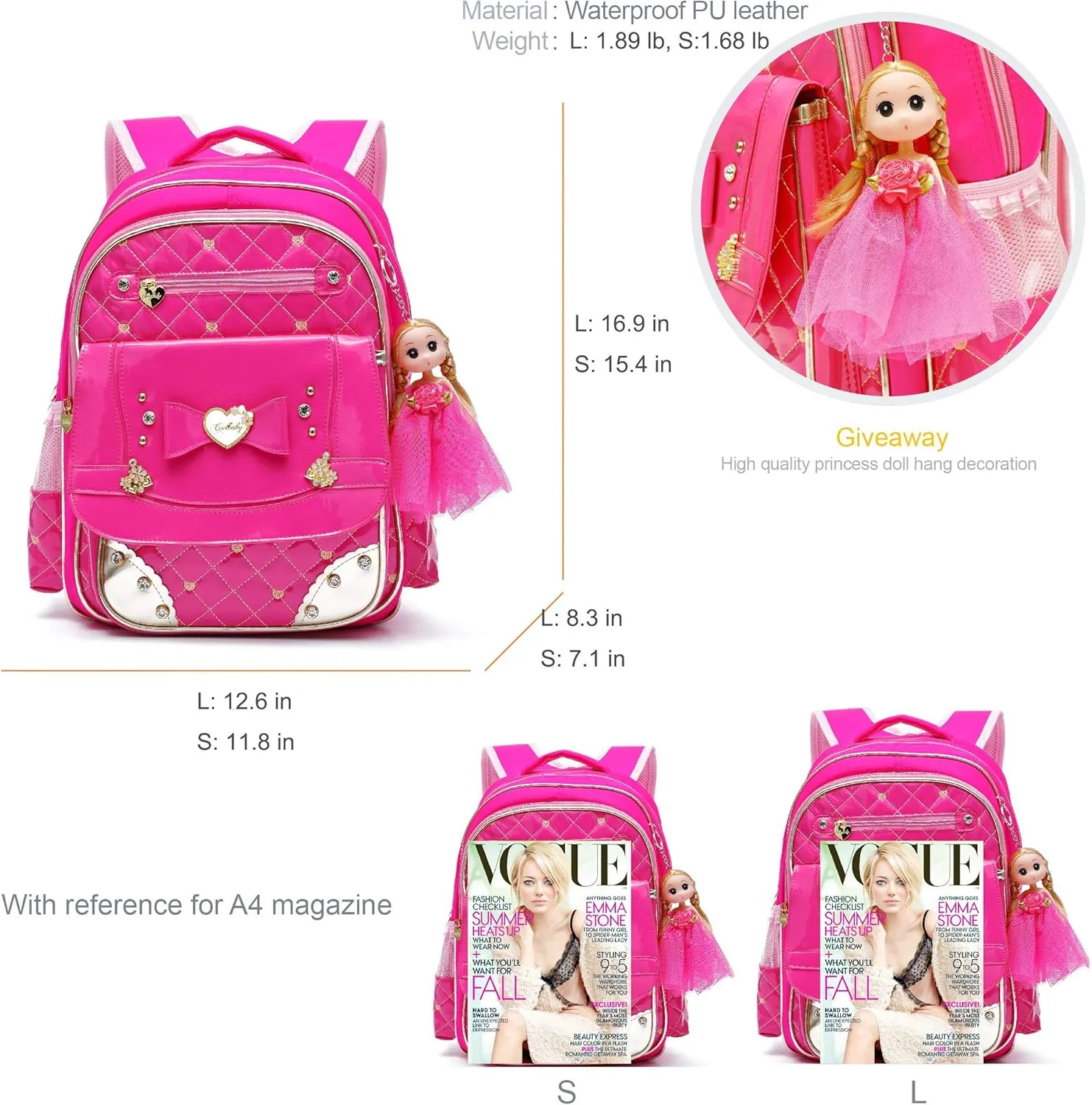 AO ALI VICTORY Backpack for Girls, Waterproof Kids Backpacks School Bag Toddler Bookbags Cute Travel Daypack (Small, A-Rose Red)
