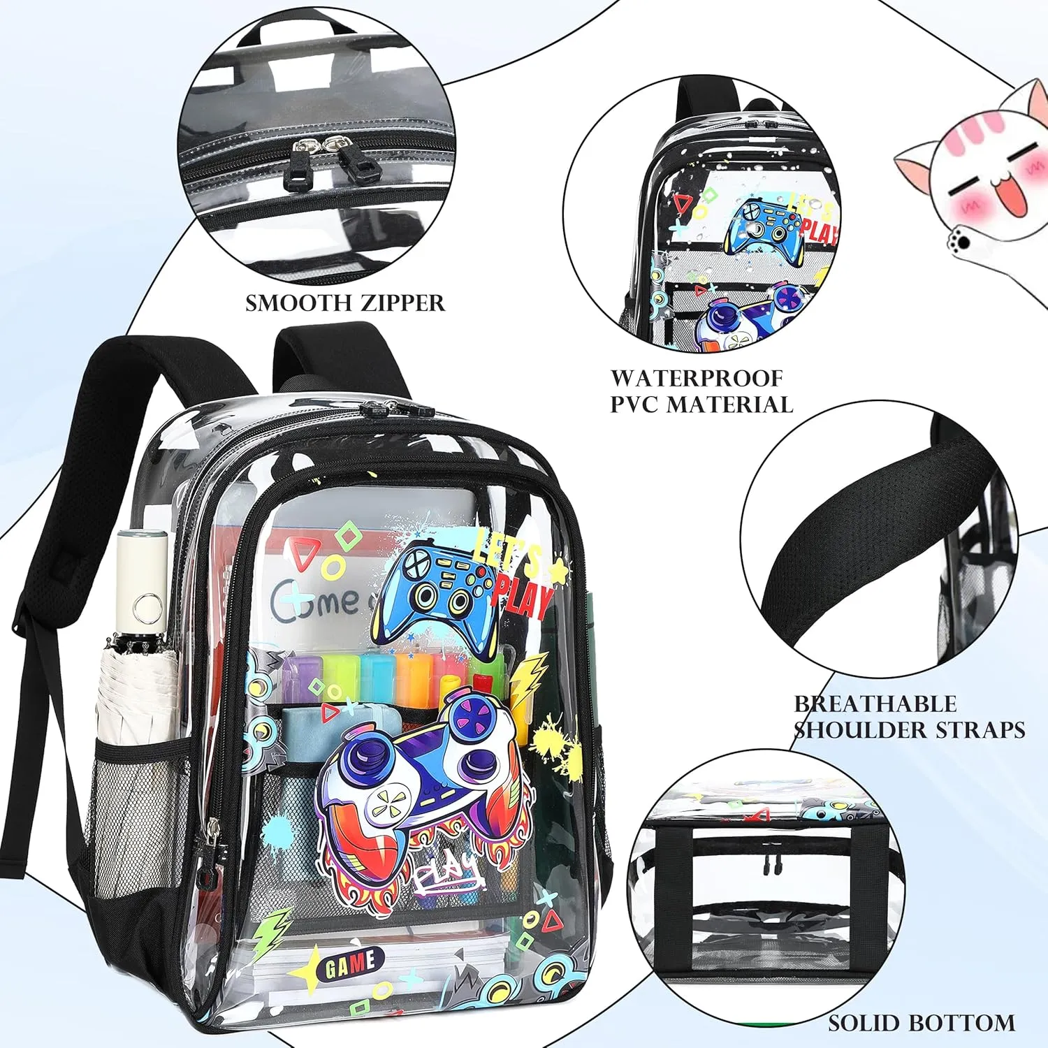 AO ALI VICTORY Clear Backpack for Boys Girls,15.6 Inch Kids Clear Backpack Set with Lunch Bag Pencil Case PVC Elementary Bookbag School Students See Through Transparent Travel Back Pack,Black Gamer
