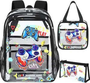 AO ALI VICTORY Clear Backpack for Boys Girls,15.6 Inch Kids Clear Backpack Set with Lunch Bag Pencil Case PVC Elementary Bookbag School Students See Through Transparent Travel Back Pack,Black Gamer