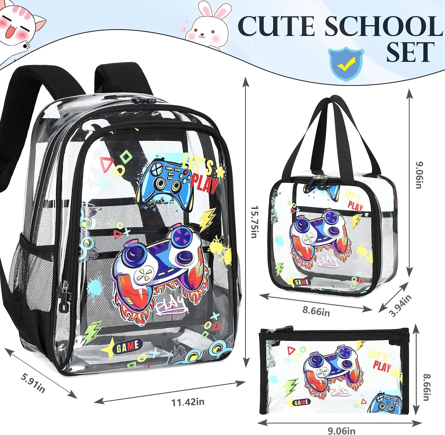 AO ALI VICTORY Clear Backpack for Boys Girls,15.6 Inch Kids Clear Backpack Set with Lunch Bag Pencil Case PVC Elementary Bookbag School Students See Through Transparent Travel Back Pack,Black Gamer