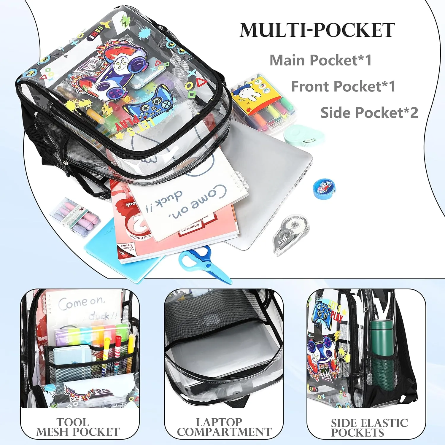 AO ALI VICTORY Clear Backpack for Boys Girls,15.6 Inch Kids Clear Backpack Set with Lunch Bag Pencil Case PVC Elementary Bookbag School Students See Through Transparent Travel Back Pack,Black Gamer