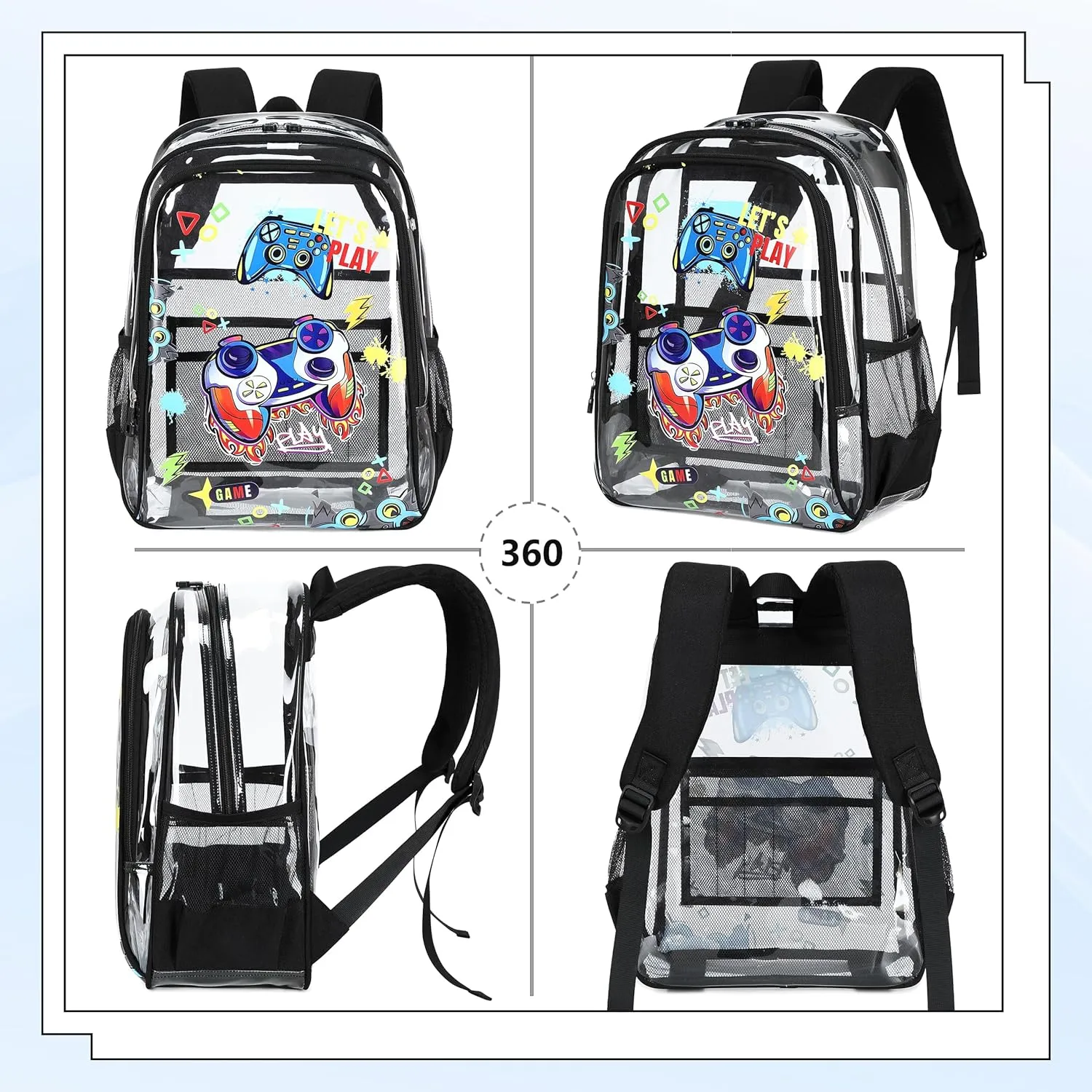 AO ALI VICTORY Clear Backpack for Boys Girls,15.6 Inch Kids Clear Backpack Set with Lunch Bag Pencil Case PVC Elementary Bookbag School Students See Through Transparent Travel Back Pack,Black Gamer