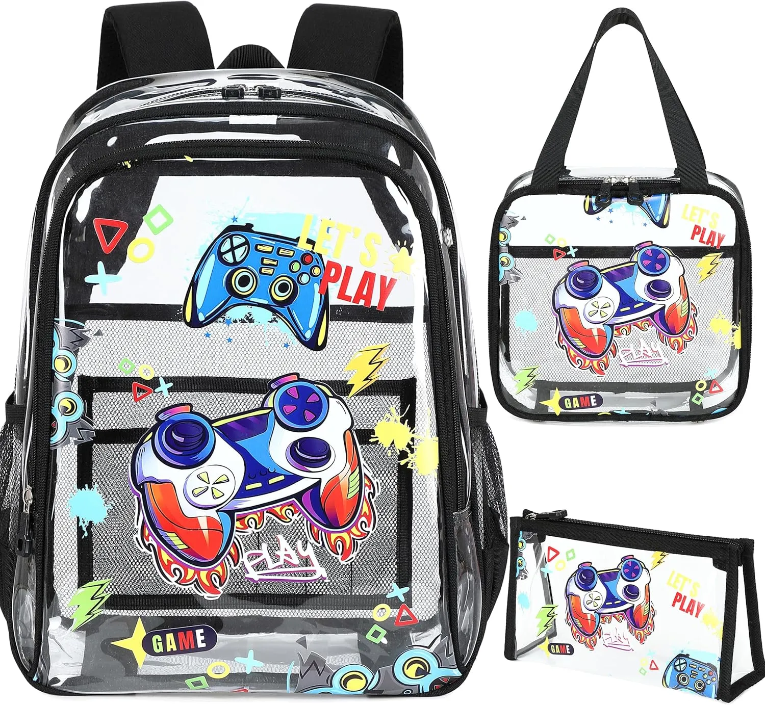 AO ALI VICTORY Clear Backpack for Boys Girls,15.6 Inch Kids Clear Backpack Set with Lunch Bag Pencil Case PVC Elementary Bookbag School Students See Through Transparent Travel Back Pack,Black Gamer
