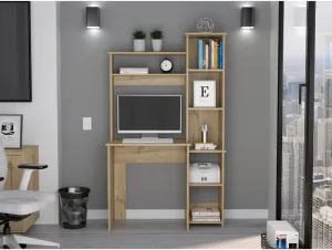 Aramis Board Desk with Hutch and 5, Shelf Bookcase, Space, Saving Modern Design, 38.7" Wide, Perfect for Home Office, Workstation, Study Area, and Small Spaces, Durable and Stylish, Beige