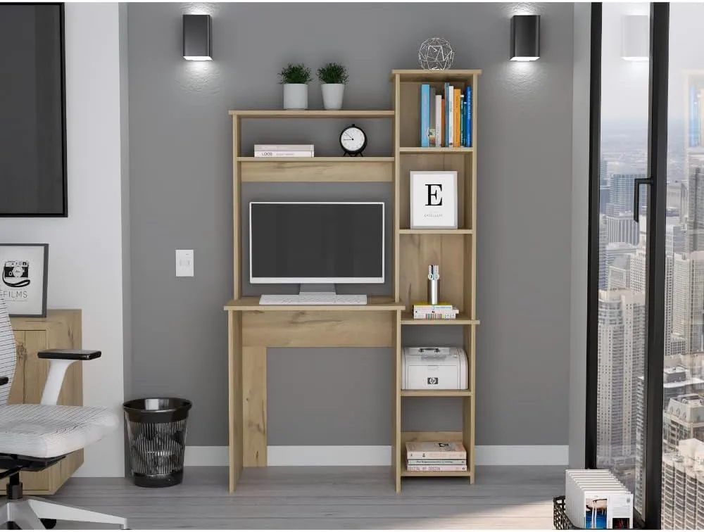 Aramis Board Desk with Hutch and 5, Shelf Bookcase, Space, Saving Modern Design, 38.7" Wide, Perfect for Home Office, Workstation, Study Area, and Small Spaces, Durable and Stylish, Beige